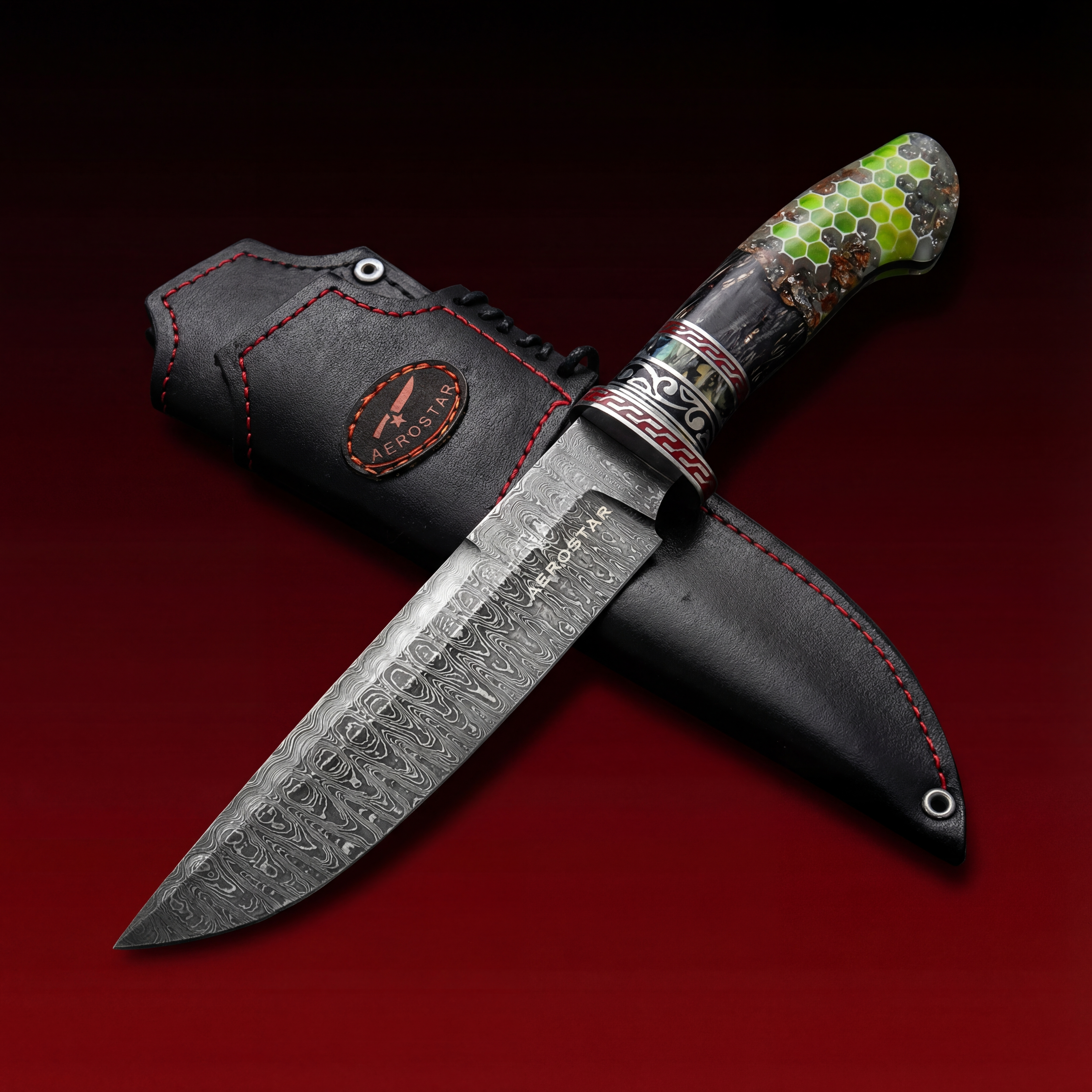 Hand-Forged Damascus Steel Hunting Knife - Honeycomb Yellow