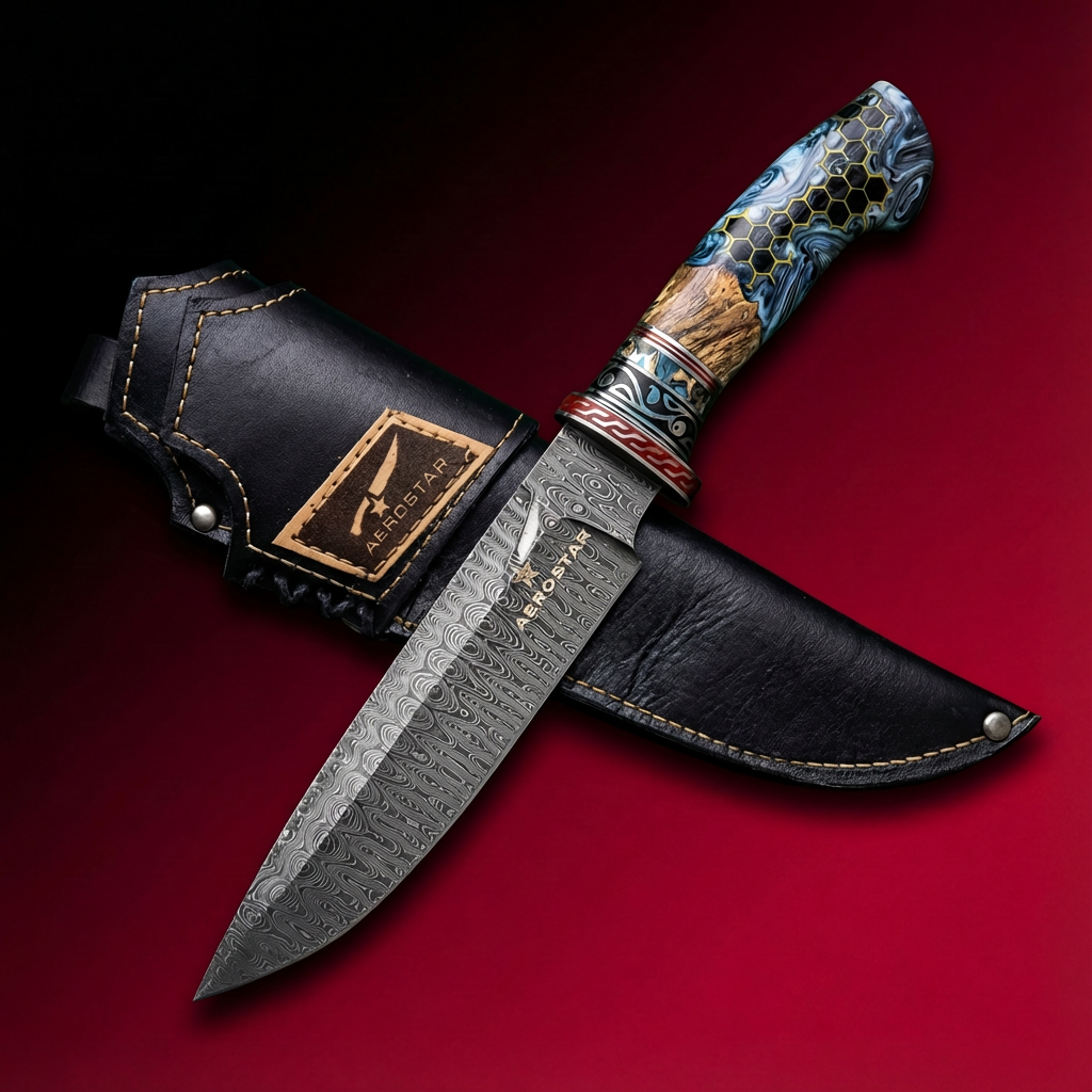 Hand-Forged Damascus Steel Hunting Knife - Honey Comb - Mountain