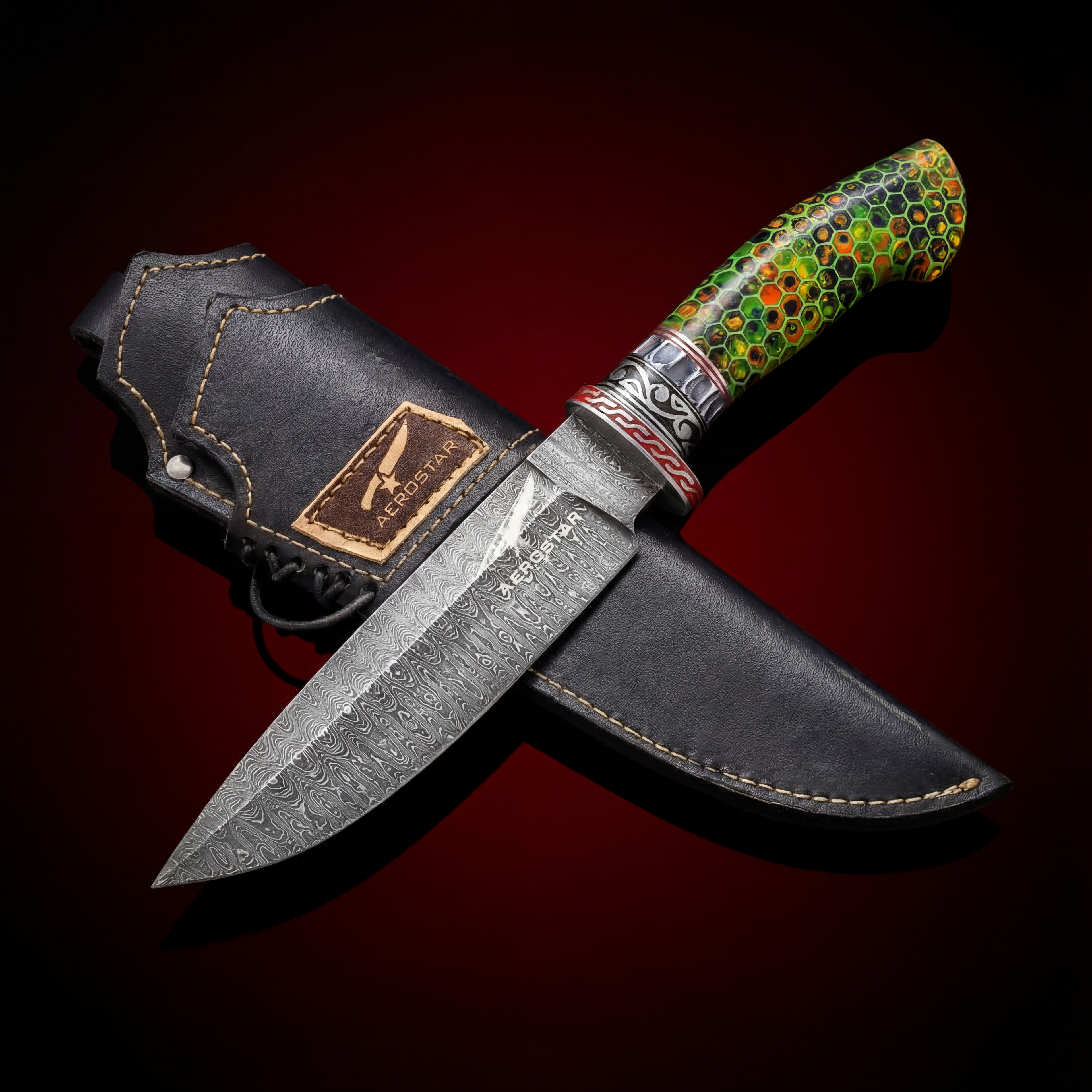 Hand-Forged Damascus Steel Hunting Knife - Honey Comb - Rainbow