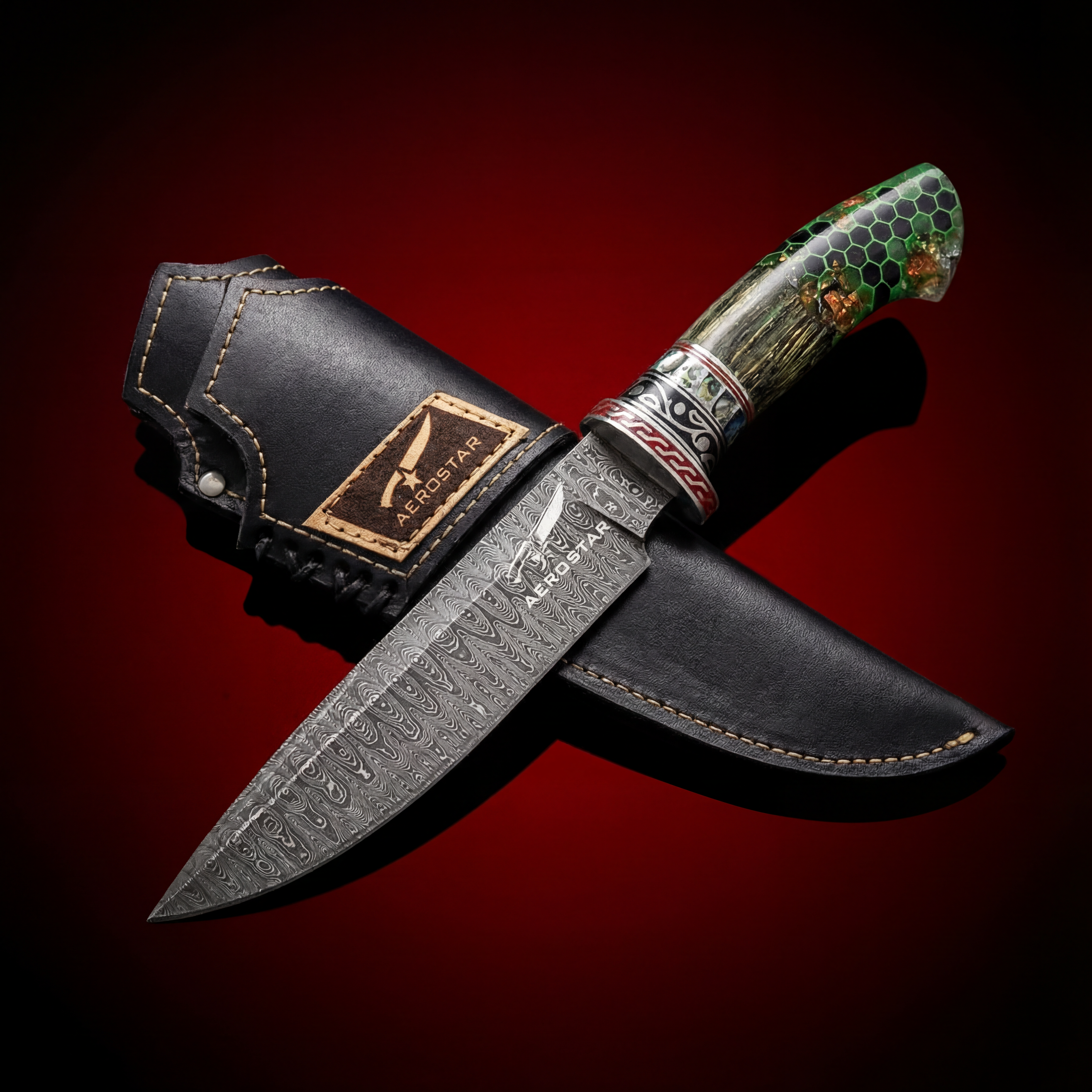 Hand-Forged Damascus Steel Hunting Knife - Honey Comb - Lucky