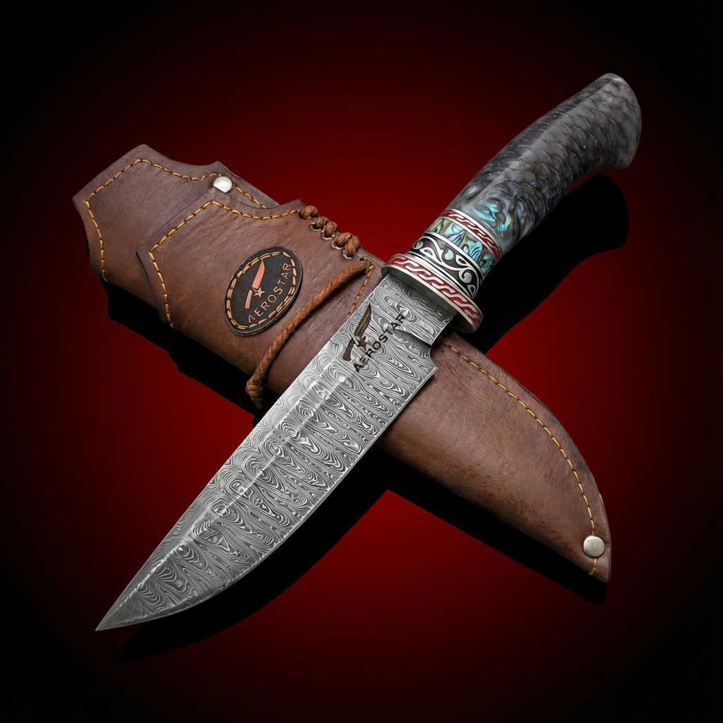 Hand-Forged Damascus Steel Hunting Knife - Fish Scale Berta